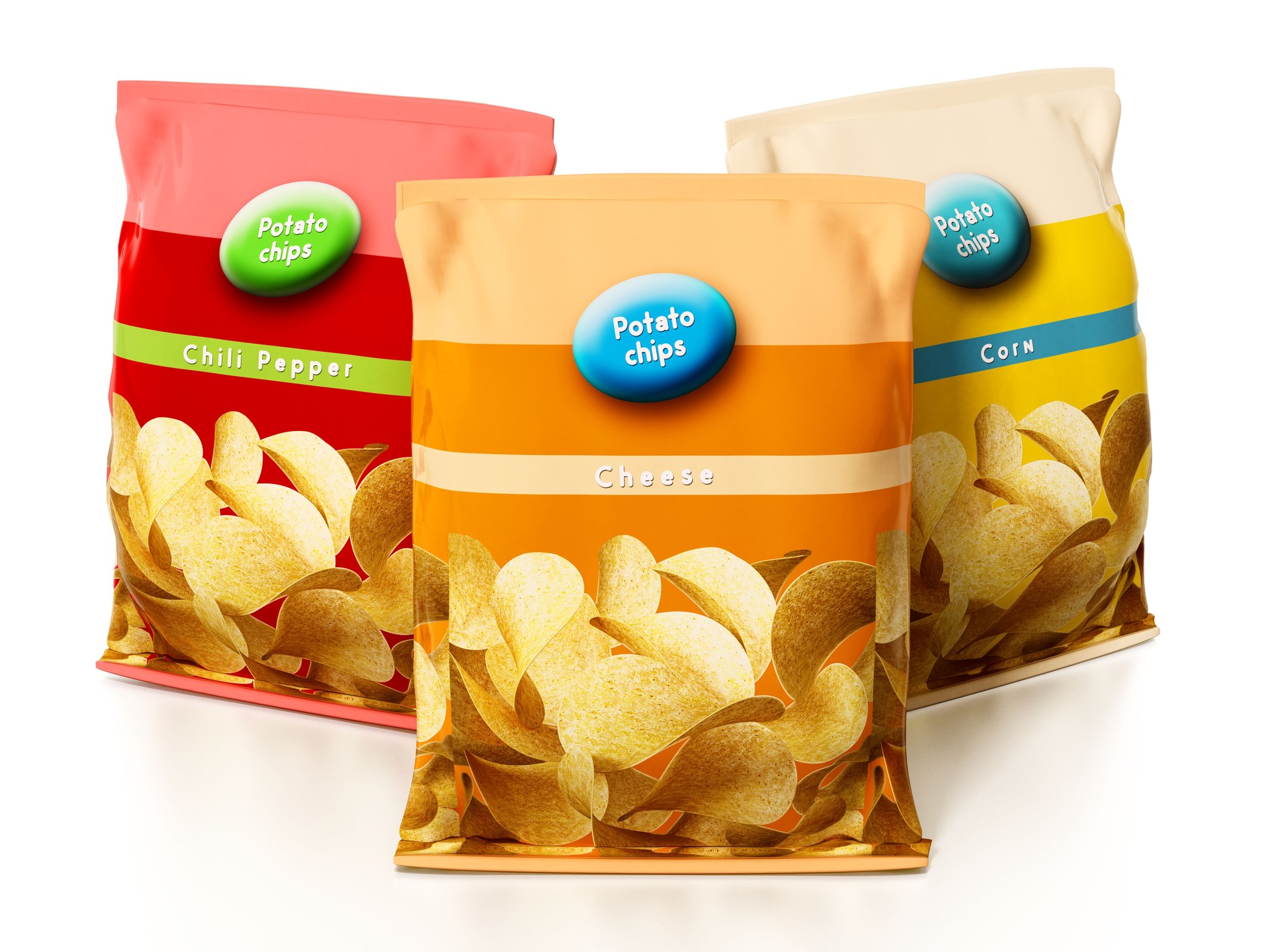 Potato chips packages isolated on white